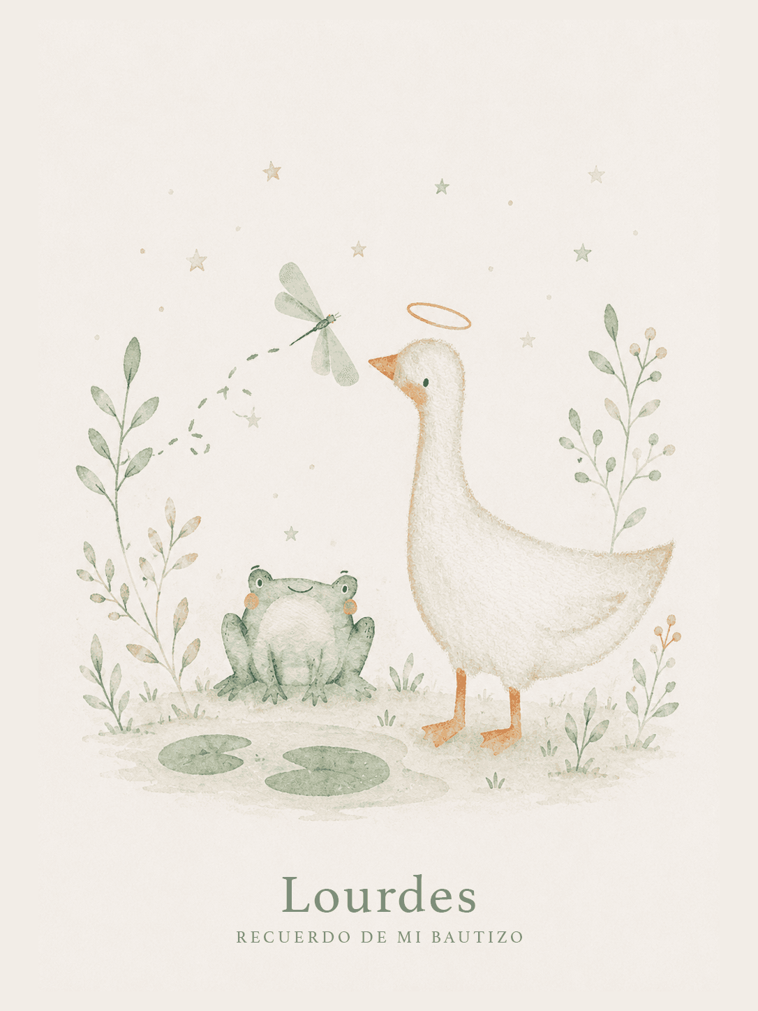 Santito Ganso y rana — ilustración en acuarela