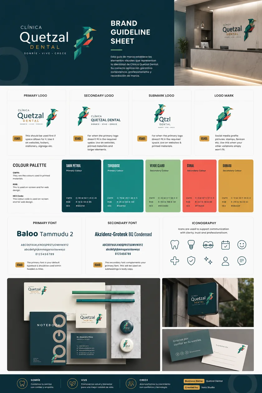 Clínica Quetzal Dental — brand sheet completo